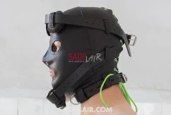 Leather hood with gag and blindfold