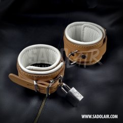 Leather Locking Padded BDSM Wrist Cuffs “Luxury” Brown