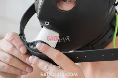 Leather hood with gag and blindfold