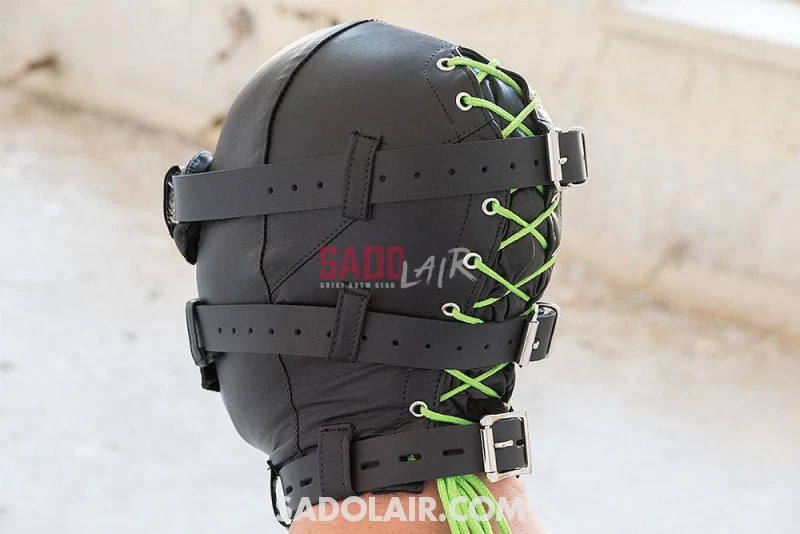 Leather hood with gag and blindfold