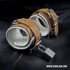 Leather Locking Padded BDSM Ankle Cuffs “Luxury” Brown