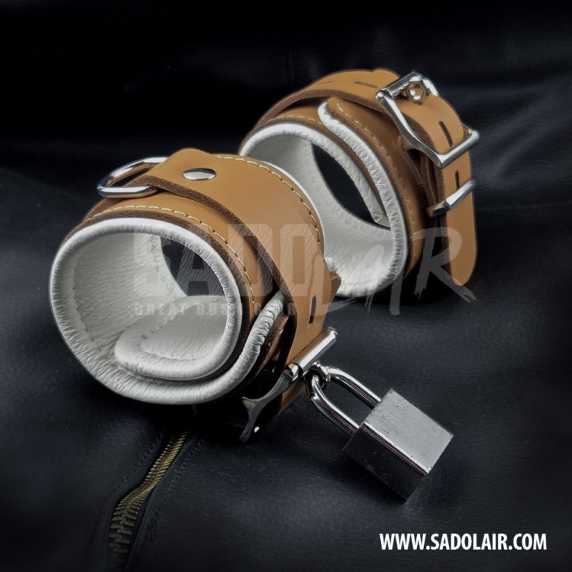 Leather Locking Padded BDSM Wrist Cuffs “Luxury” Brown